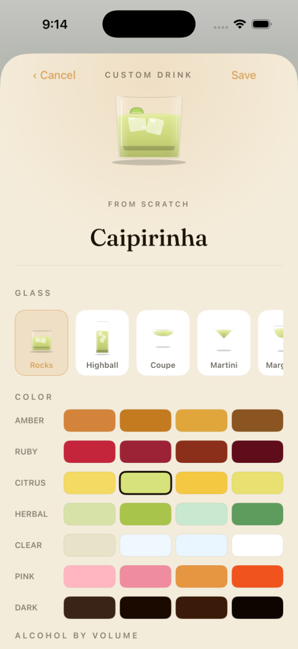 Pound's custom-drink builder — a Caipirinha being built with glass and color pickers and an ABV slider.
