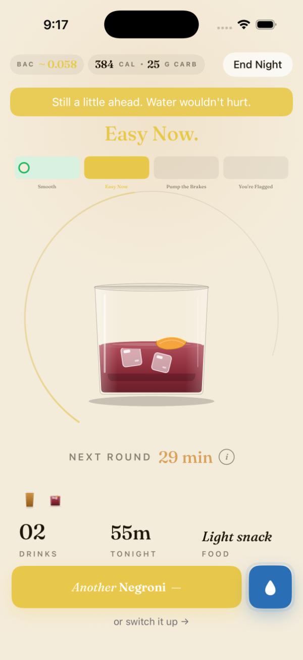 Pound's live screen in the 'Easy Now' state — a Negroni mid-drain with a gentle 'Still a little ahead. Water wouldn't hurt.' banner and a 29-minute next-round timer.